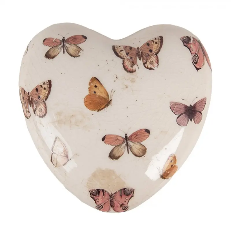 Béžová keramická dekorace srdce s motýlky Butterfly Paradise L – 10X10x4 cm