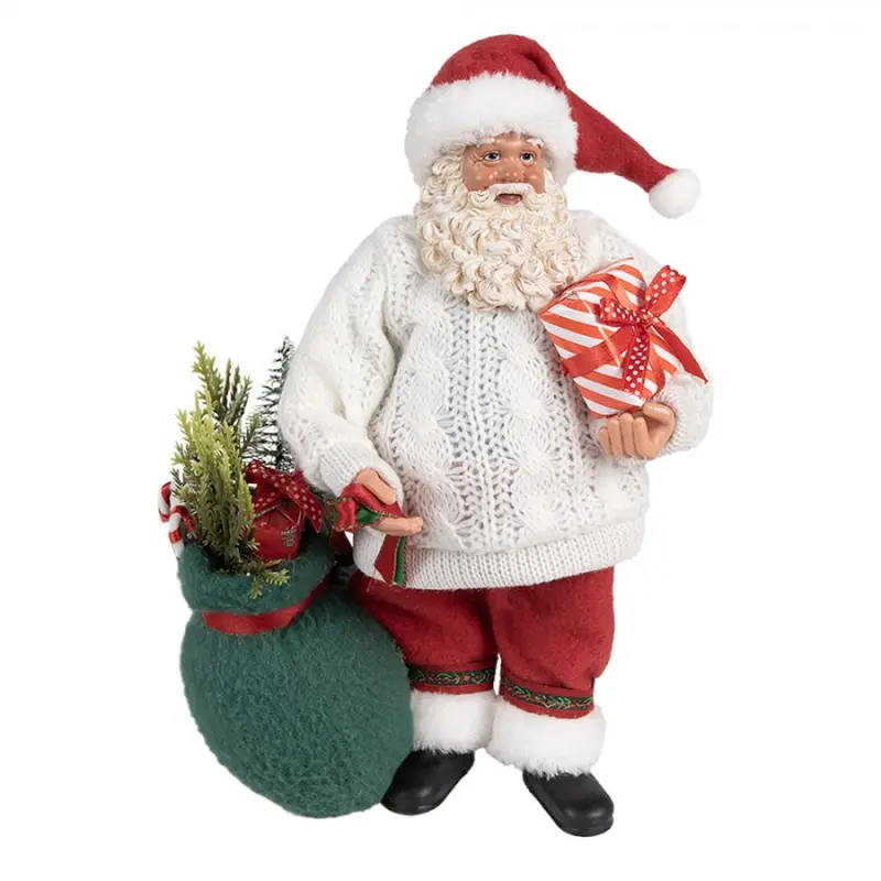 Vánoční figurka Santa Claus v pleteném svetru se zeleným pytlem – 27 cm