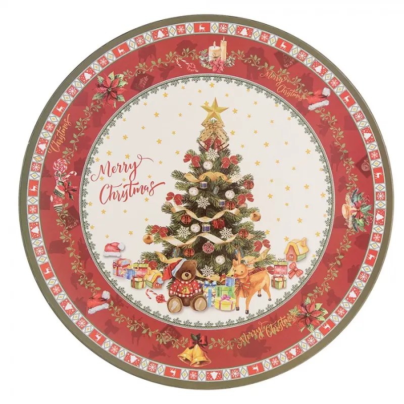 Plastový servírovací talíř s vánočním motivem, červeným okrajem a nápisem Merry Christmas – 33 cm