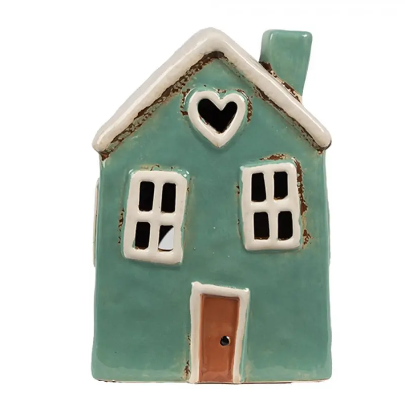 Zelený keramický svícen na čajovou svíčku domek Amster Village - 13*9*18 cm Clayre & Eef