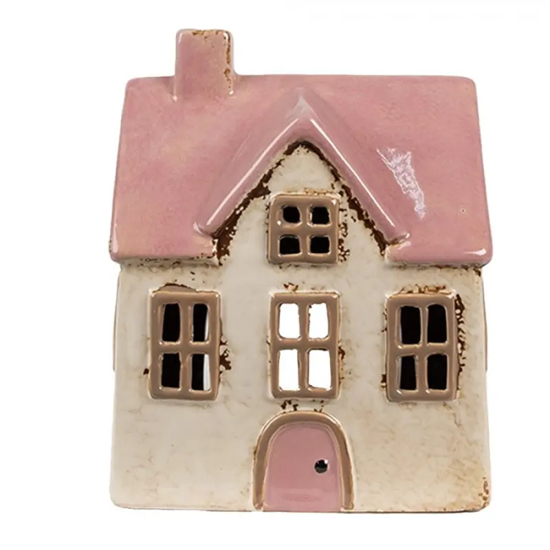 Růžovo-bílý keramický domeček na čajovou svíčku Houthem XXVII – 13x10x16 cm