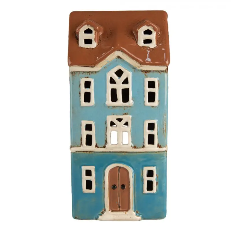Modrý keramický svícen na čajovou svíčku domek Amster Village - 11*9*22 cm Clayre & Eef