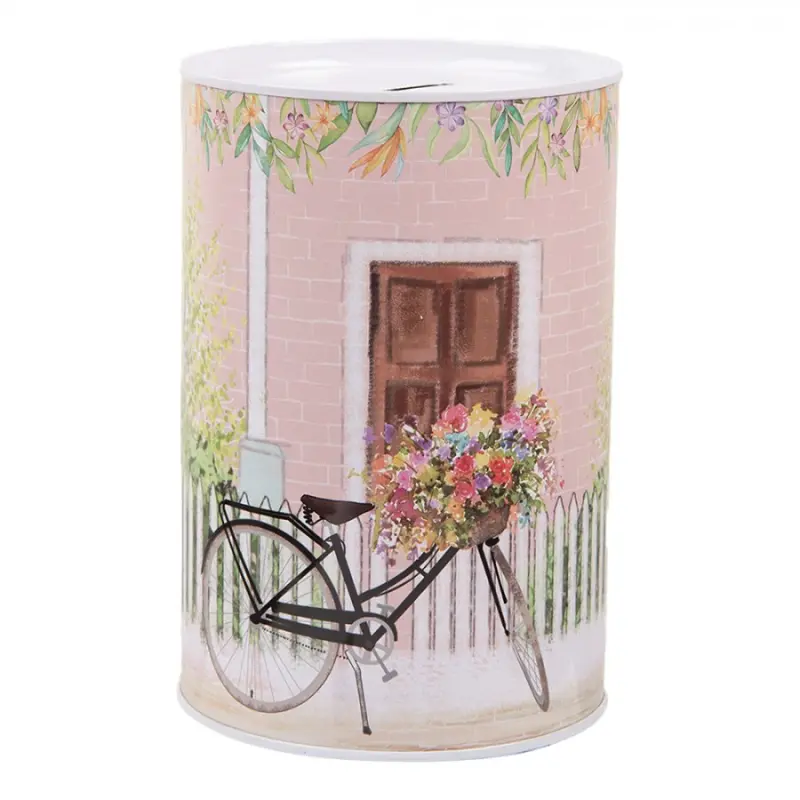 Růžová plechová kasička s motivem s kolem a okenicí – 10x15 cm