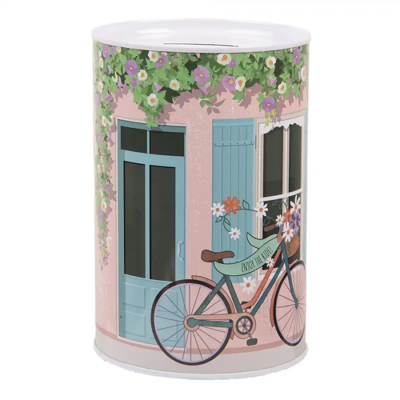 Růžová plechová kasička s motivem s kolem a nápisem Enjoy The Ride – 10x15 cm
