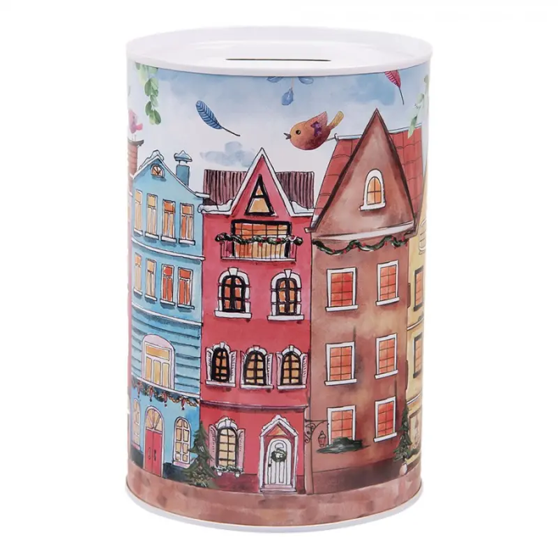 Červená plechová kasička s motivem domečků – 10x15 cm