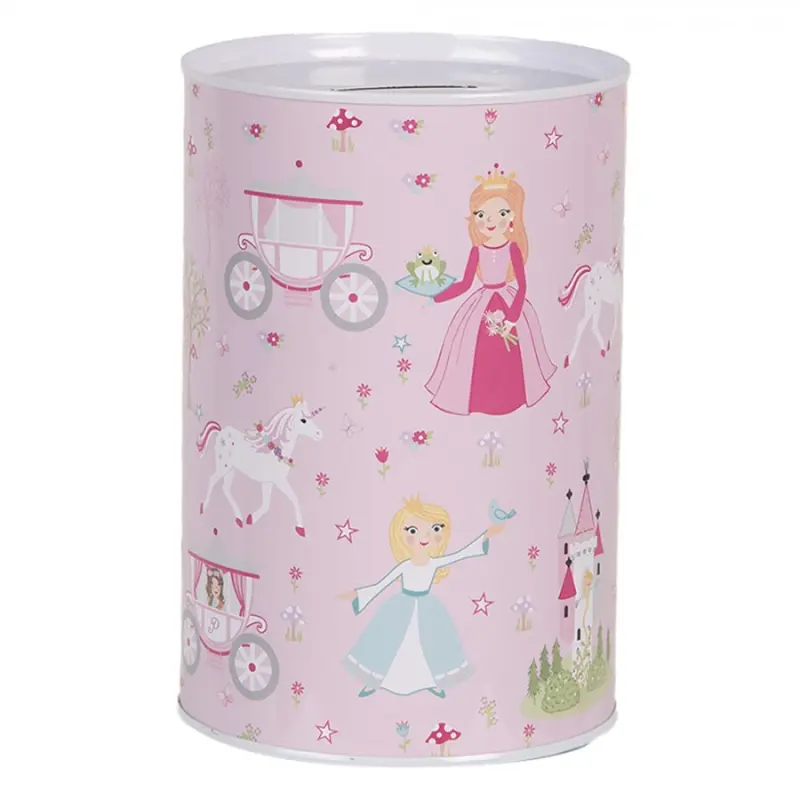 Růžová plechová kasička s motivem pohádek a princezen – 10x15 cm