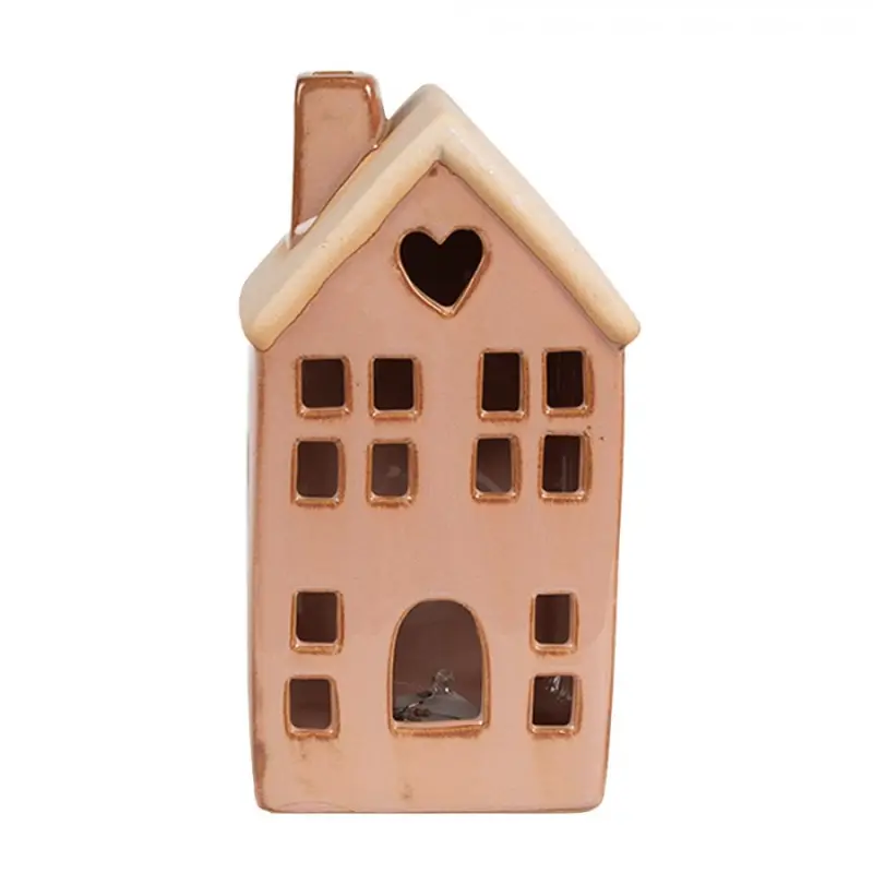 Vánoční dekorace s LED světlem hnědý porcelánový domeček s okny, srdíčkem a komínem – 8x6x15 cm
