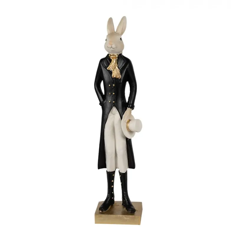 Černo-zlatá figurka elegantní zajíc v dlouhém fraku se šálou – 34 cm