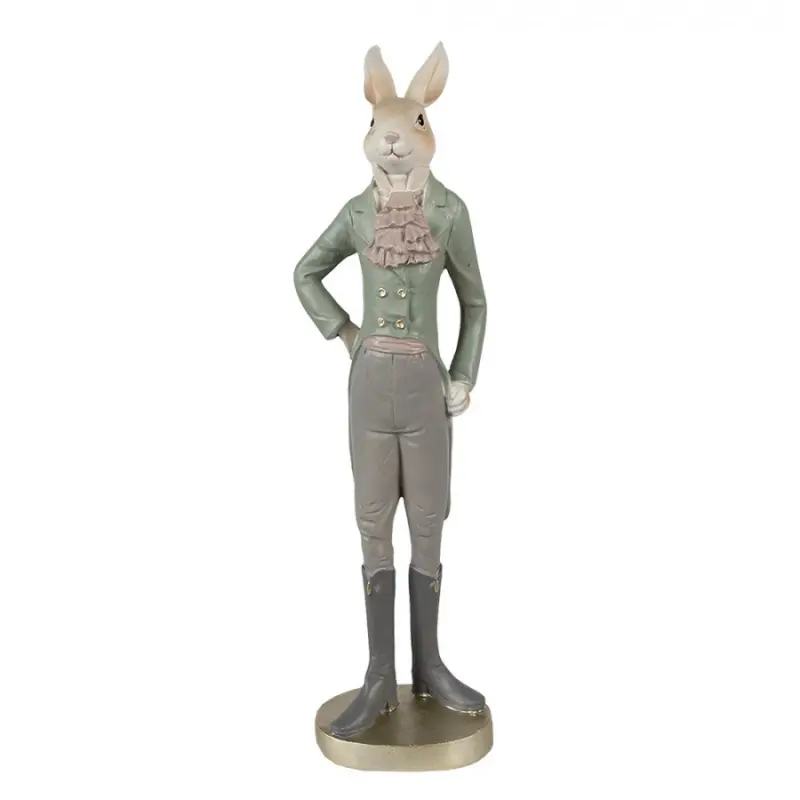 Zeleno-šedá figurka elegantní zajíc ve fraku s fiží S – 20 cm