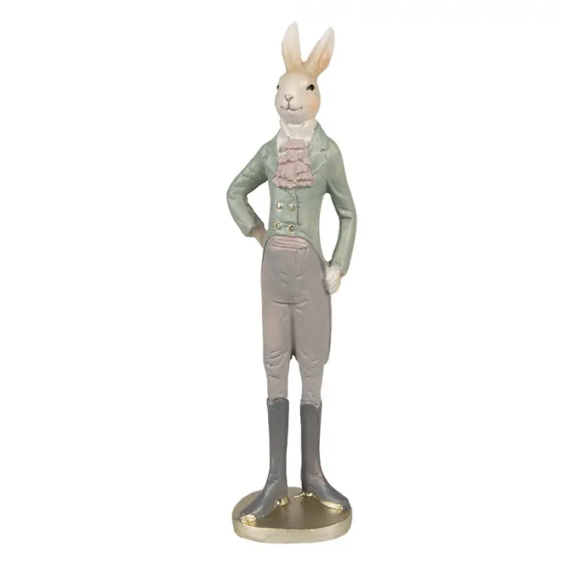 Zeleno-šedá figurka elegantní zajíc ve fraku s fiží M – 40 cm