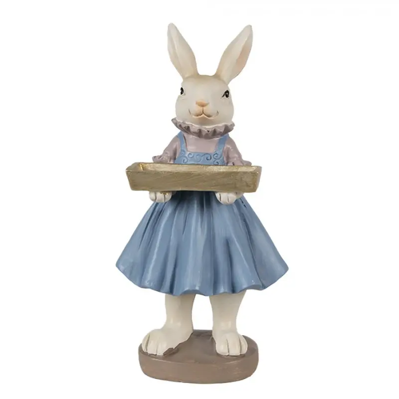 Modro-béžová velikonoční figurka zaječice s truhlíkem v pacičkách – 10x8x20 cm