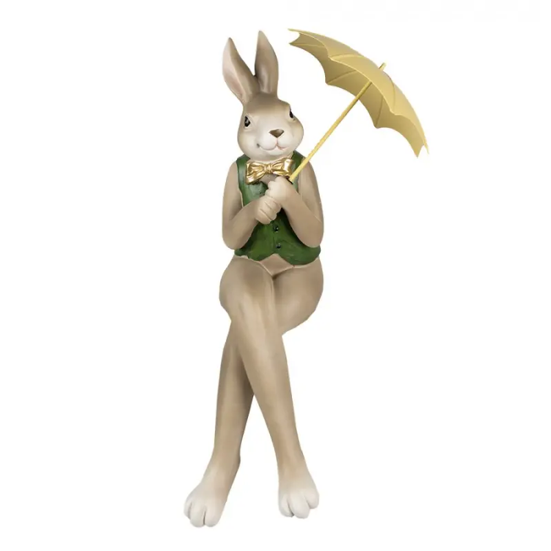 Béžovo-zelená velikonoční figurka sedící zajíček v zelené vestě s deštníkem – 43 cm