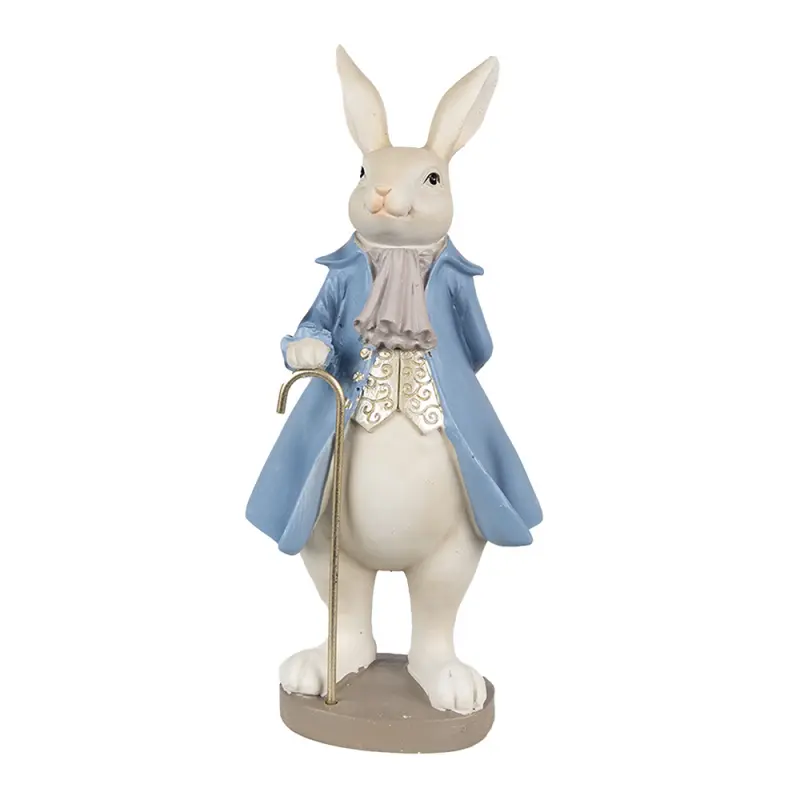 Modro-béžová velikonoční figurka zajíček s hůlkou ve fráčku – 12x9x26 cm