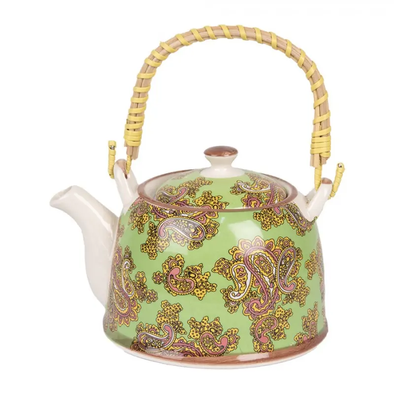 Porcelánová konvička na čaj se sítkem se zeleným kašmírovým motivem – 800 ml