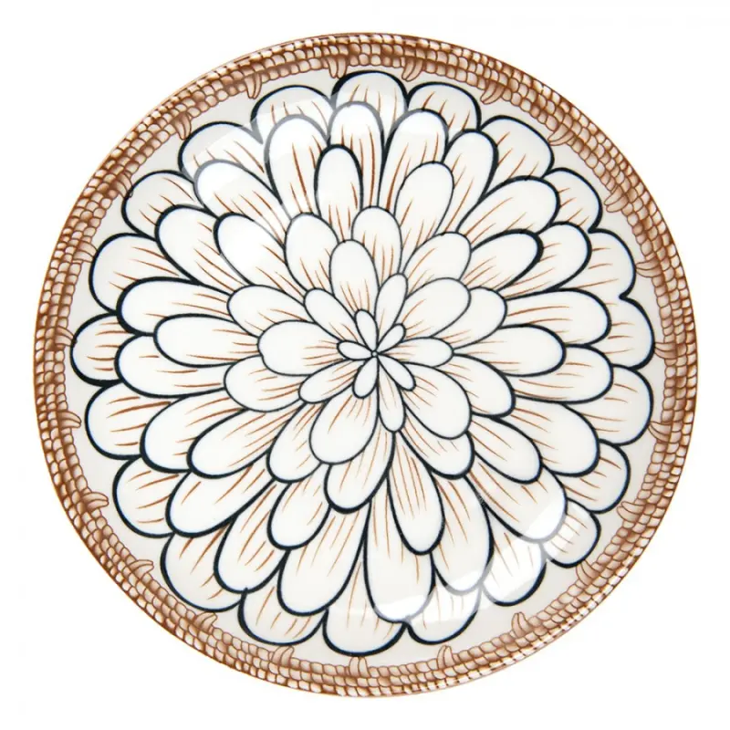 Černo-bílý snídaňový talíř s lístky a hnědým okrajem Ursula – 21x3 cm