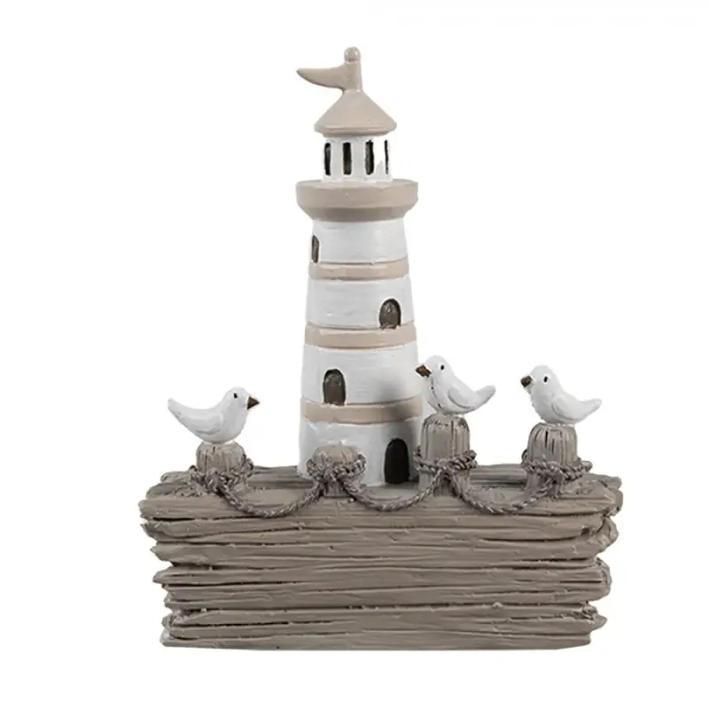 Dekorace bílý majáček se třemi racky na vyplaveném dřevě – 10x4x12 cm
