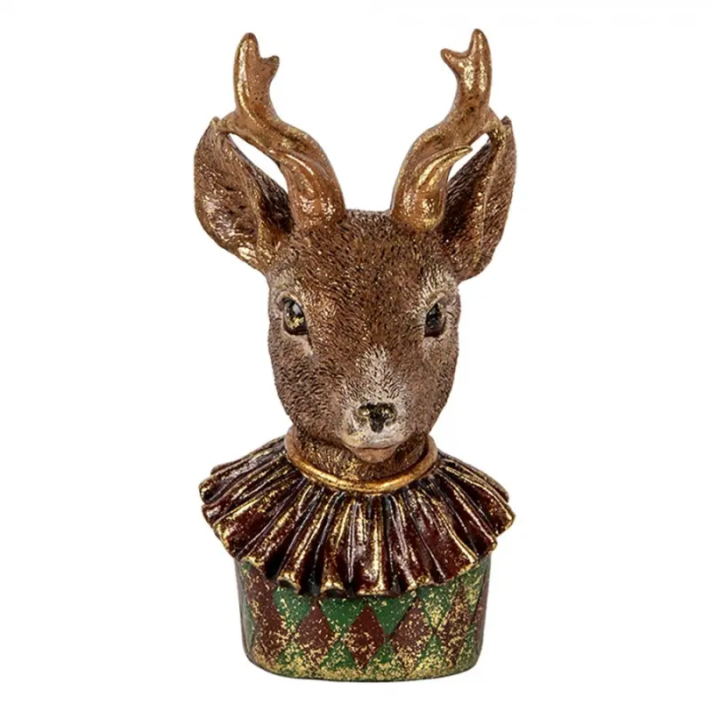 Dekorace elegantní mladý jelen v červeno-zeleném obleku – 13x11x22 cm