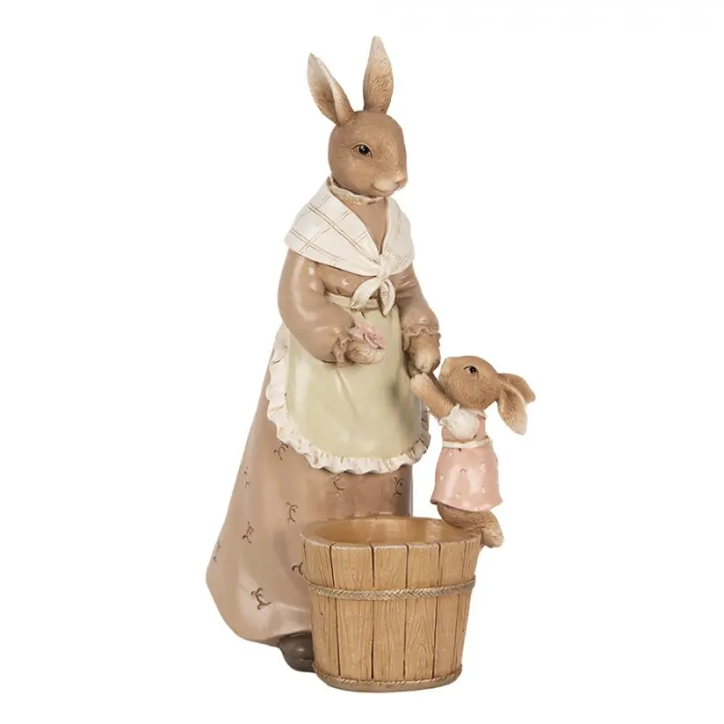 Dekorace králičí máma s dcerou a vědrem na vodu – 13x10x24 cm