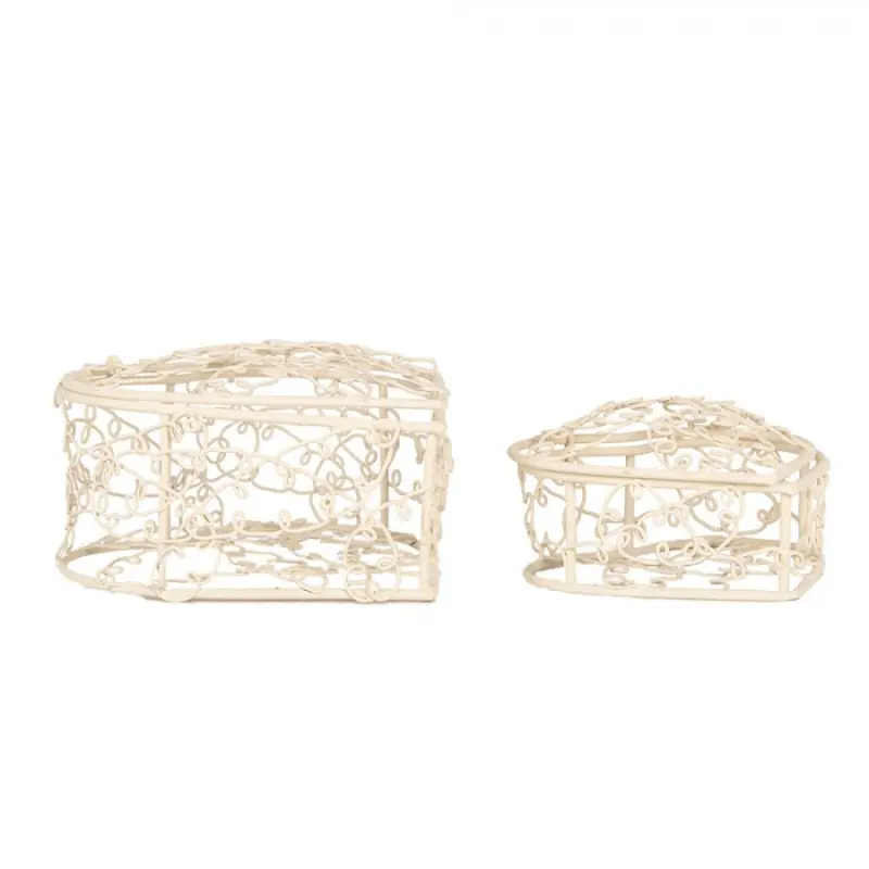 2ks béžový drátěný dekorační box srdce Romance - 10*10*6 / 8*8*5 cm Clayre & Eef