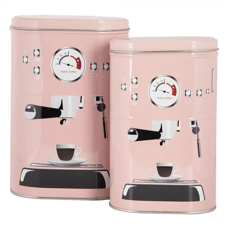 Růžová plechová dóza na kávu Coffee machine – 20x13x9 / 18x11x7 cm