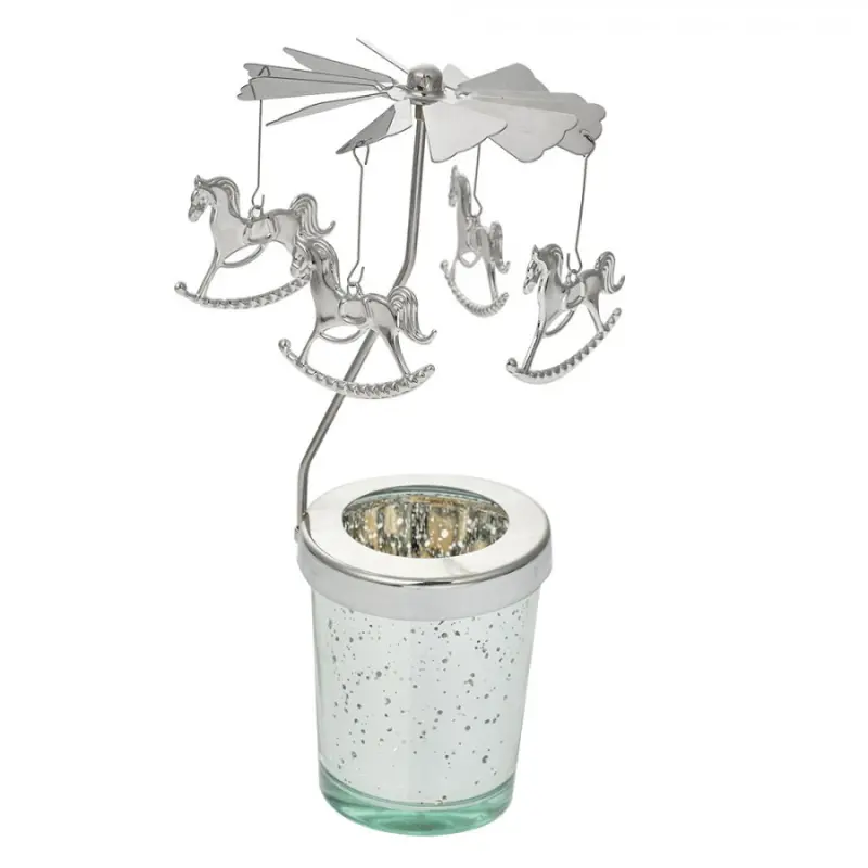 Stříbrný točící svícen na čajovku s houpacími koníky Ringi - Ø 8*17 cm Clayre & Eef