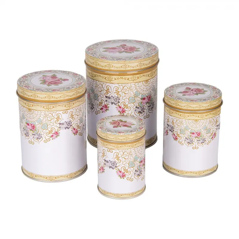 Sada 4 žluto-bílé kovové krabičky s ornamenty a květy – 11 / 9 / 8 / 6 cm