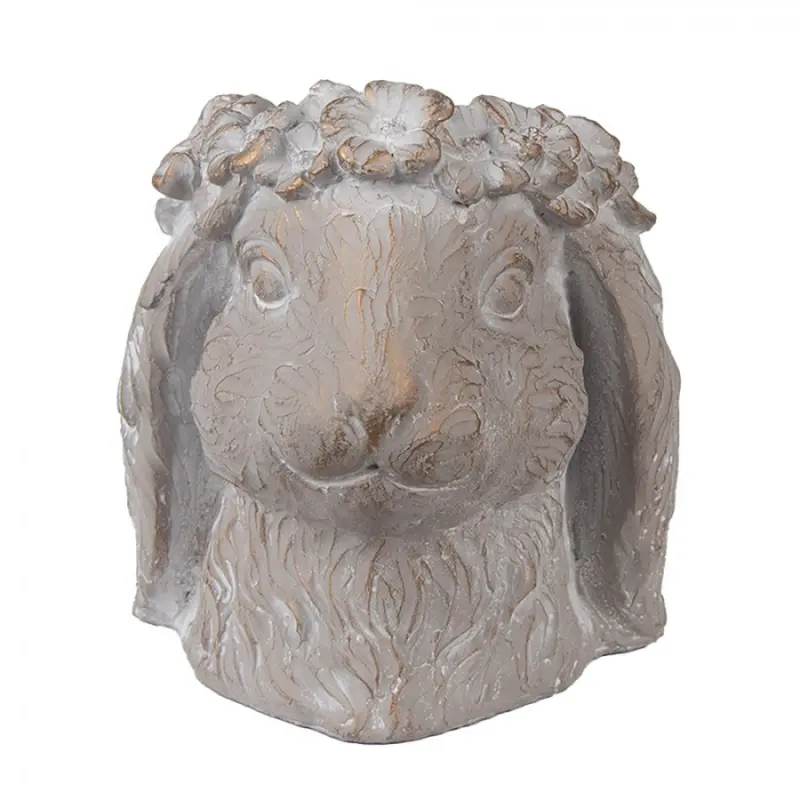 Šedý antik cementový květináč hlava králík M - 16*18*18 cm Clayre & Eef