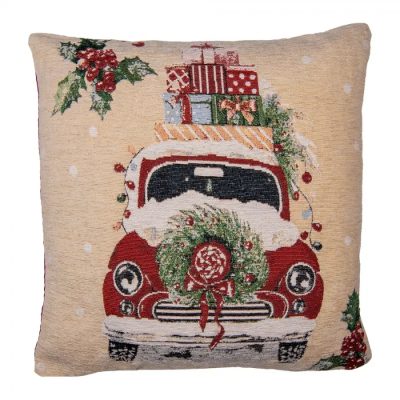 Béžovo-červený vánoční povlak na polštář retro auto s dárky – 44x44 cm