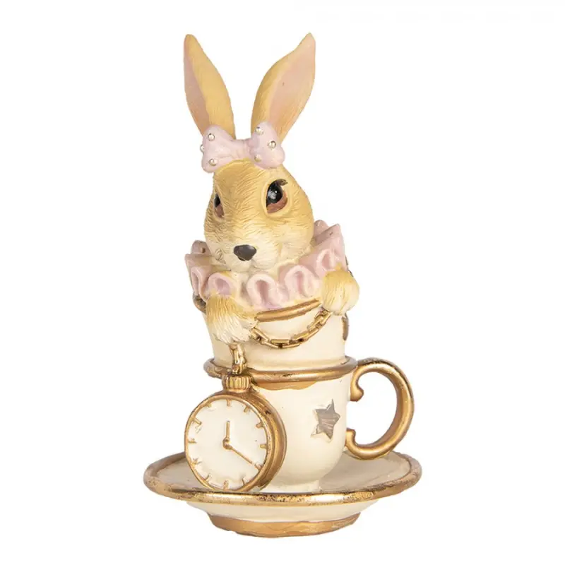 Dekorace zaječice s růžovým límcem schovaná v šálku Wonderland – 8x8x14 cm