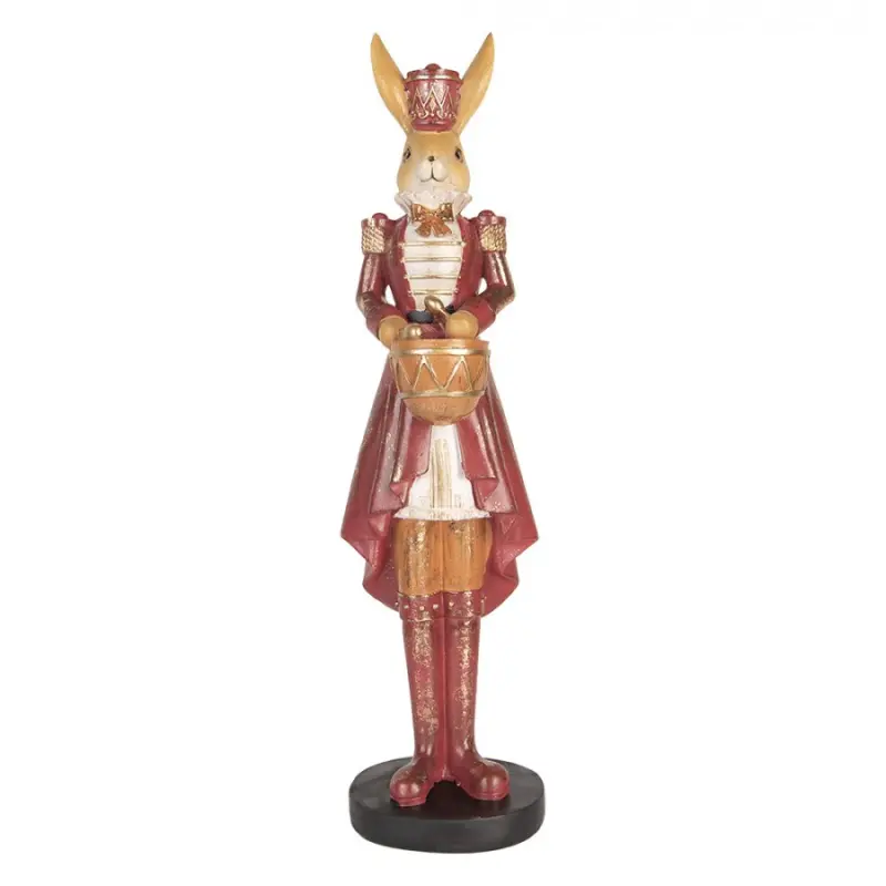 Dekorace elegantní zajíc v červené uniformě se zlatým bubínkem Zwerkblaf – 48 cm
