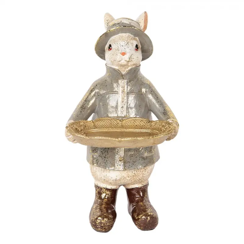 Dekorace ve vintage stylu bílý králík v šedé pláštěnce s klobouku s tácem – 29 cm