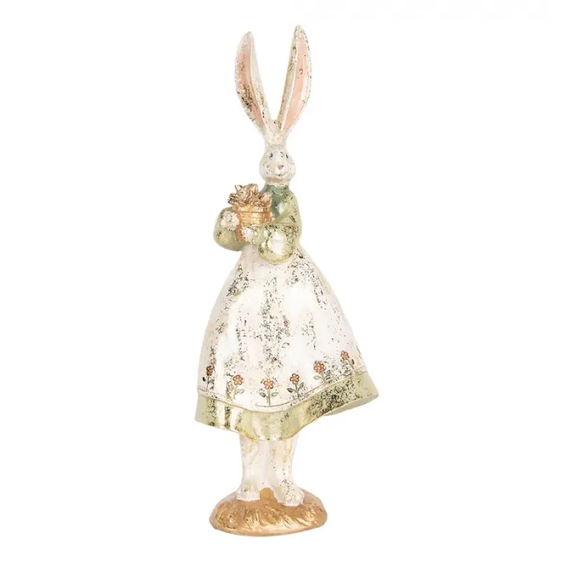 Dekorace ve vintage stylu zaječice hospodyně v zelenobílých šatech s patinou – 12x9x33 cm