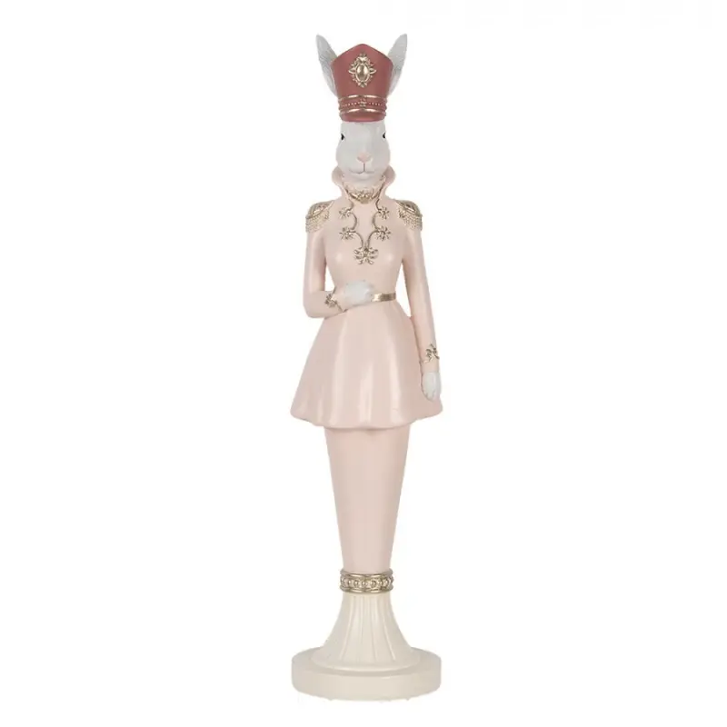 Růžová figurka elegantní zajíc ve vojenském kabátku s čepicí L – 44 cm