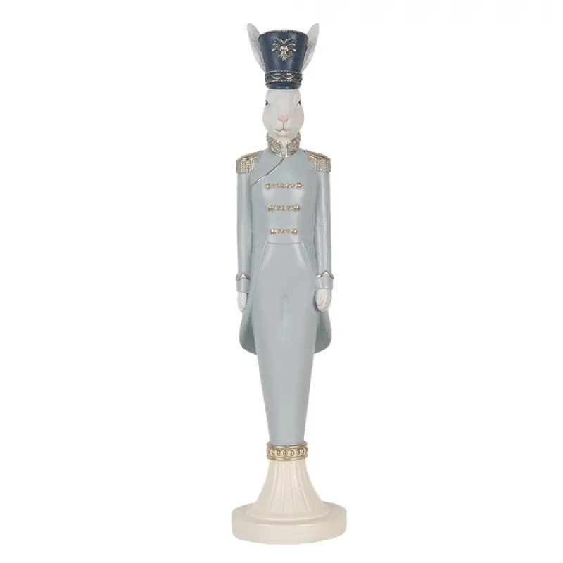 Modrá figurka elegantní zajíc ve vojenském kabátku s čepicí L – 45 cm