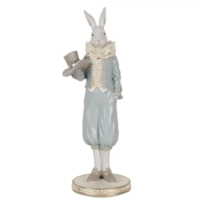 Modrá figurka elegantní zajíc v širokých kalhotách s kloboukem – 31 cm