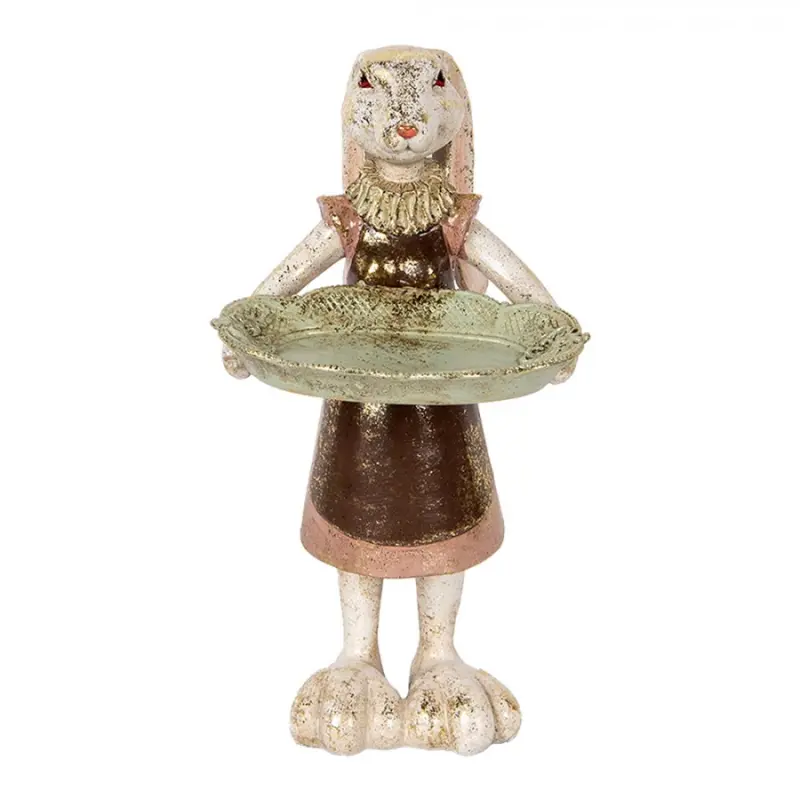 Vintage dekorace králičí slečna s tácem a zlatou patinou – 29 cm