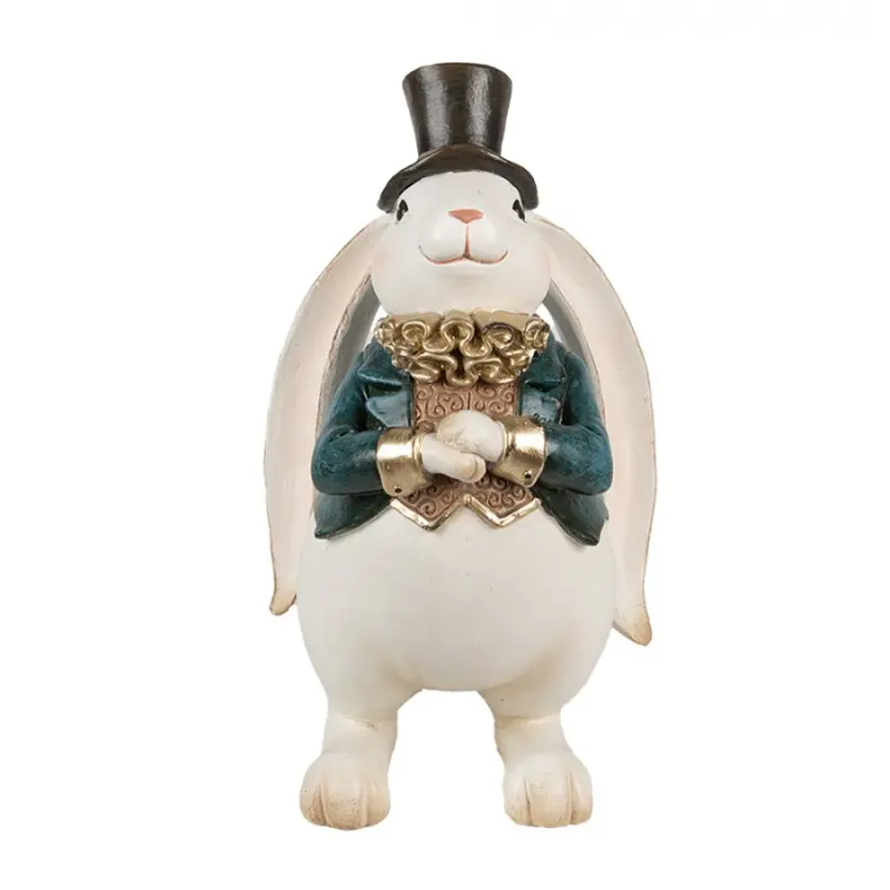 Dekorace roztomilý bílý králík v tyrkysovém fráčku s kloboukem – 14x13x23 cm