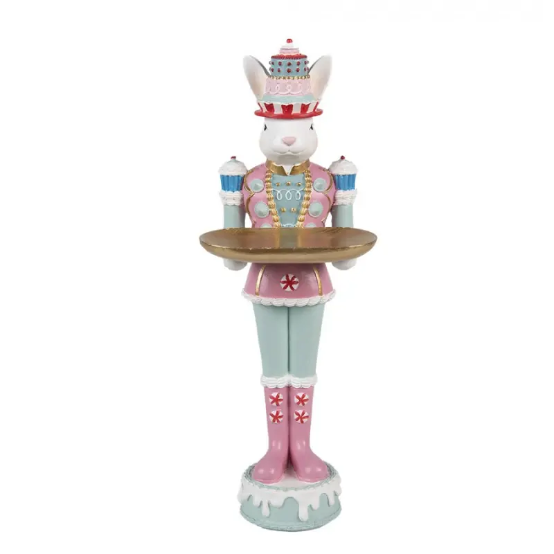 Modrá dortová figurka bílý zajíček s tácem – 25 cm
