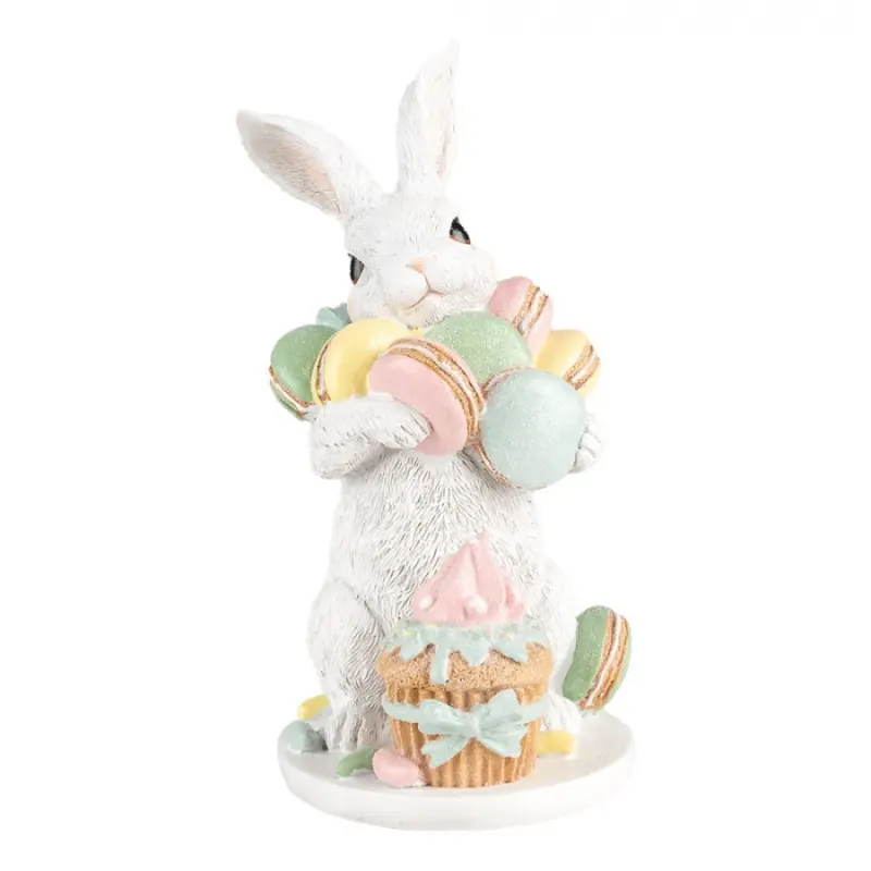 Velikonoční dekorace bílý zajíček s makronkami a cupcakem – 25 cm