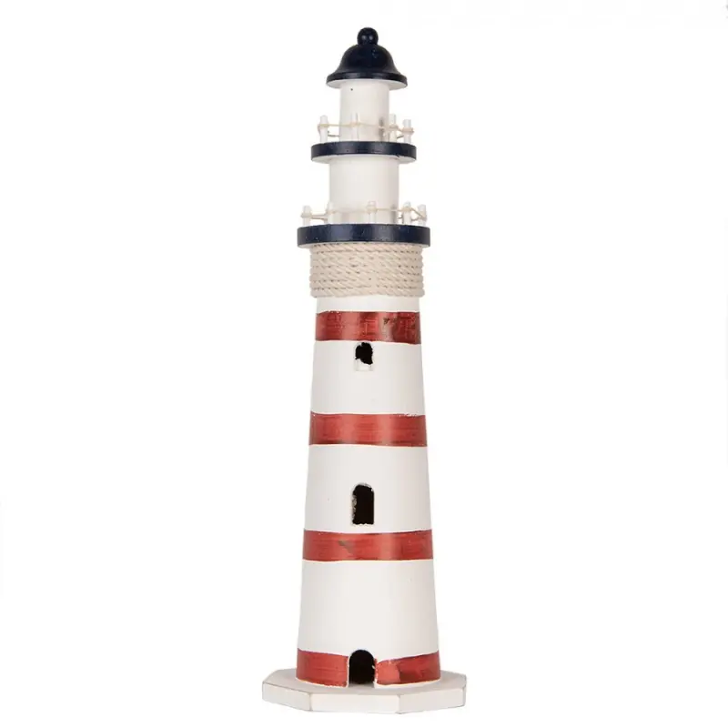 Bílo-červená dřevěná dekorace maják Lighthouse Nautic - Ø 15*48 cm Clayre & Eef