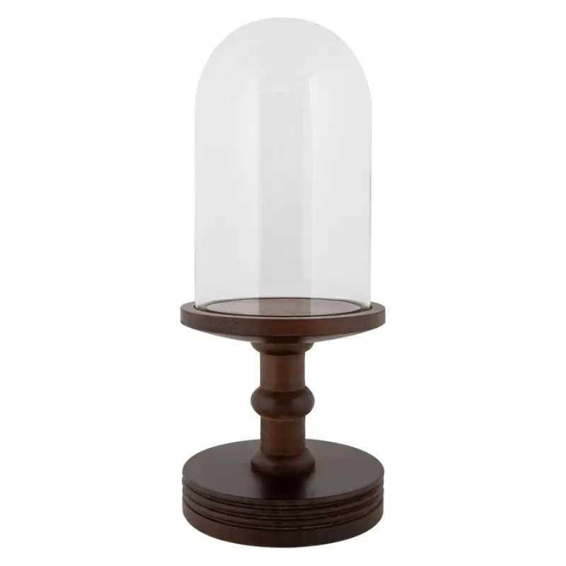 Skleněný poklop na hnědém dřevěném podstavci s vysokou nohou Kai M – 17x40 cm