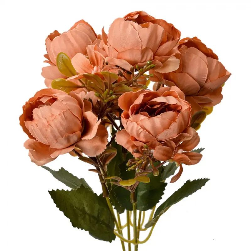 Umělá rostlina trs oranžových pivoňěk s lístky – 34 cm
