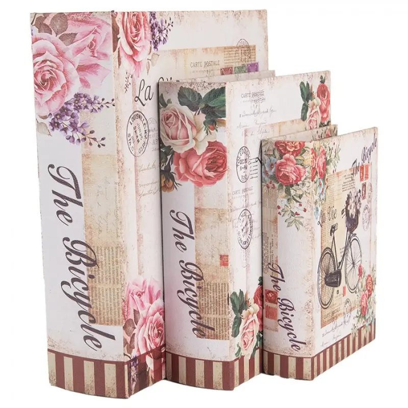 Sada 3 ks úložných boxů ve tvaru knihy s romantickým motivem kola a růžemi – 27x22 cm / 22x17 cm / 17x12 cm