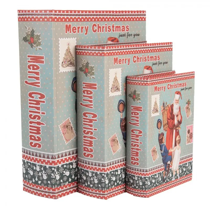 Sada 3 ks úložných boxů ve tvaru knihy s vánočním motivem a nápisem Merry Christmas – 27x22 cm / 22x17 cm / 17x12 cm