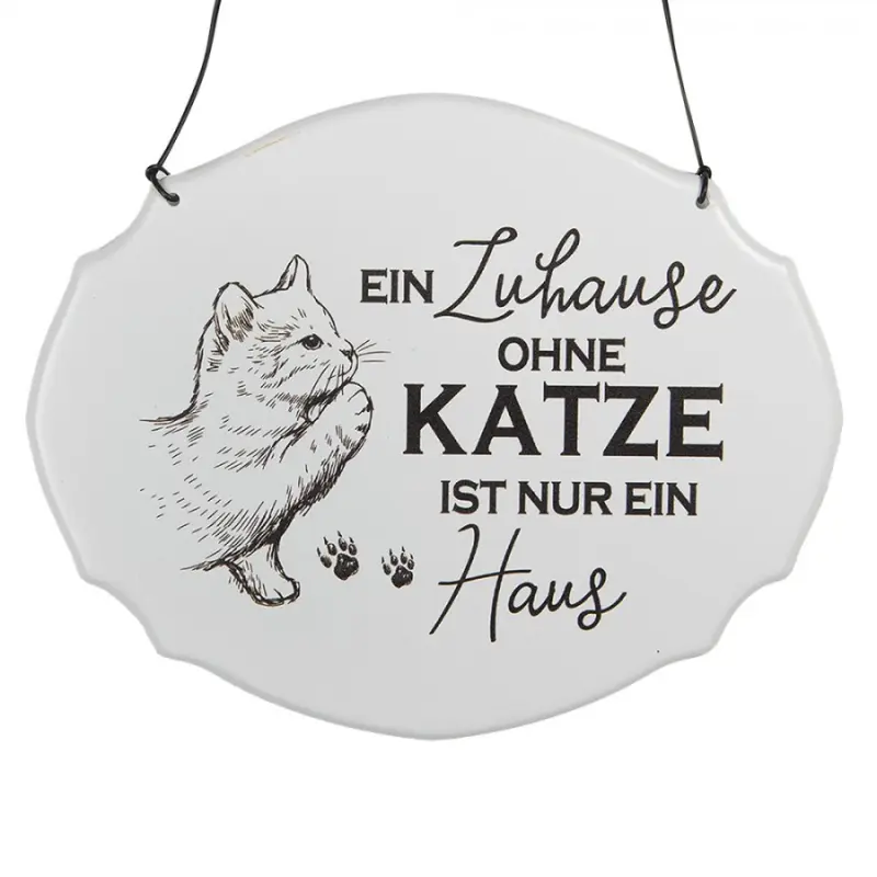 Bílá závěsná kovová cedule Katze Haus 18x15 cm