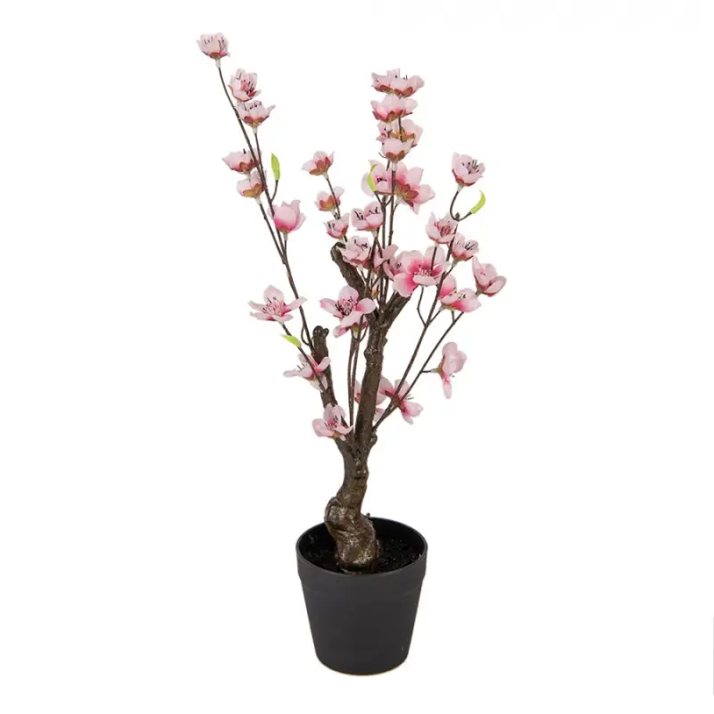 Umělá rostlina malá růžová rozkvetlá třešeň v květináči – 48 cm