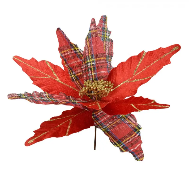Červená kostkovaná umělá rostlina pryšec / vánoční hvězda Poinsettia – 39x24 cm
