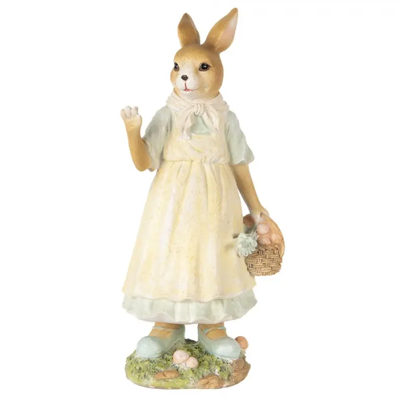 Velikonoční dekorační figurka zaječice ve žlutých šatech mává pacičkou – 32 cm