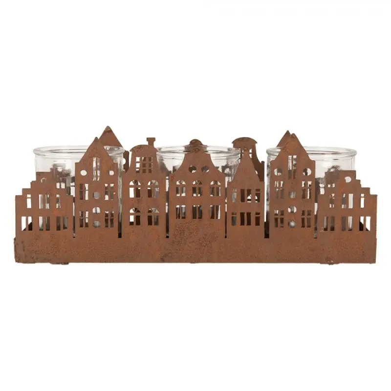 Kovový vyžezávaný svícen na 3 svíčky s motivem městečka Zwemblik – 30x9x11 cm