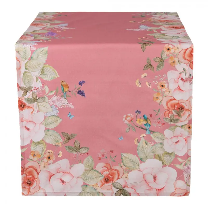 Růžový bavlněný běhoun na stůl s květinovým motivem Classic Flower Garden – 50x140 cm